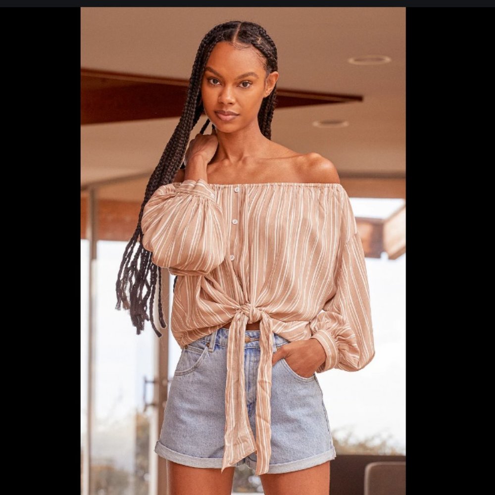 NWT Lulus Greet the Moment Beige Striped Off-the-Shoulder Long Sleeve Top